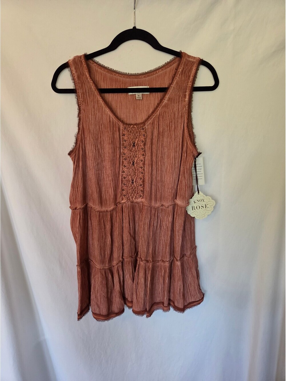 NWT Knox Rose Boho Beaded Tiered Crinkle Tank Top Dusty Rose Terracotta Medium